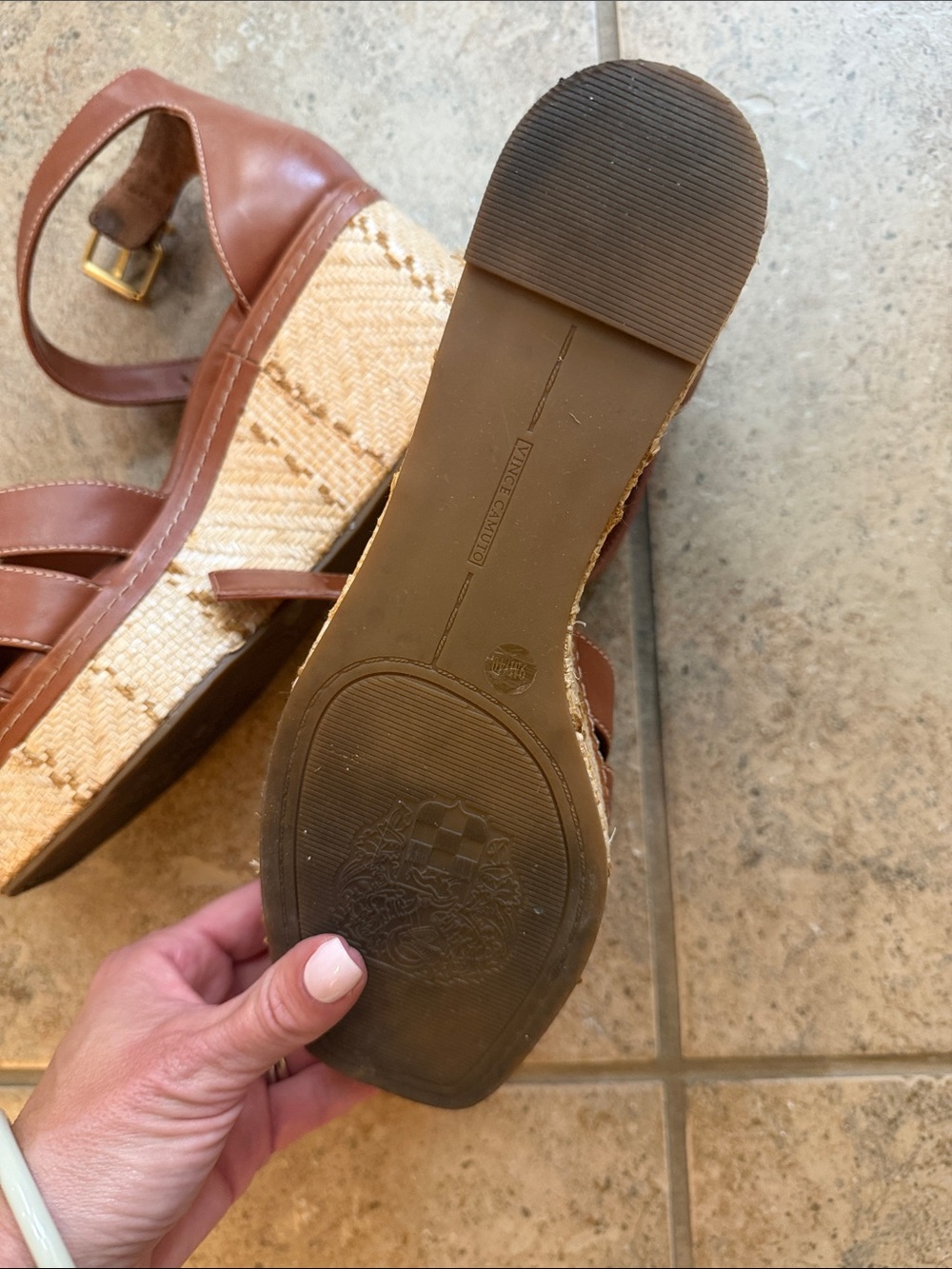 Vince Camuto Cognac Leather Wedge Sandals with Ankle Strap - Picture 5 of 5